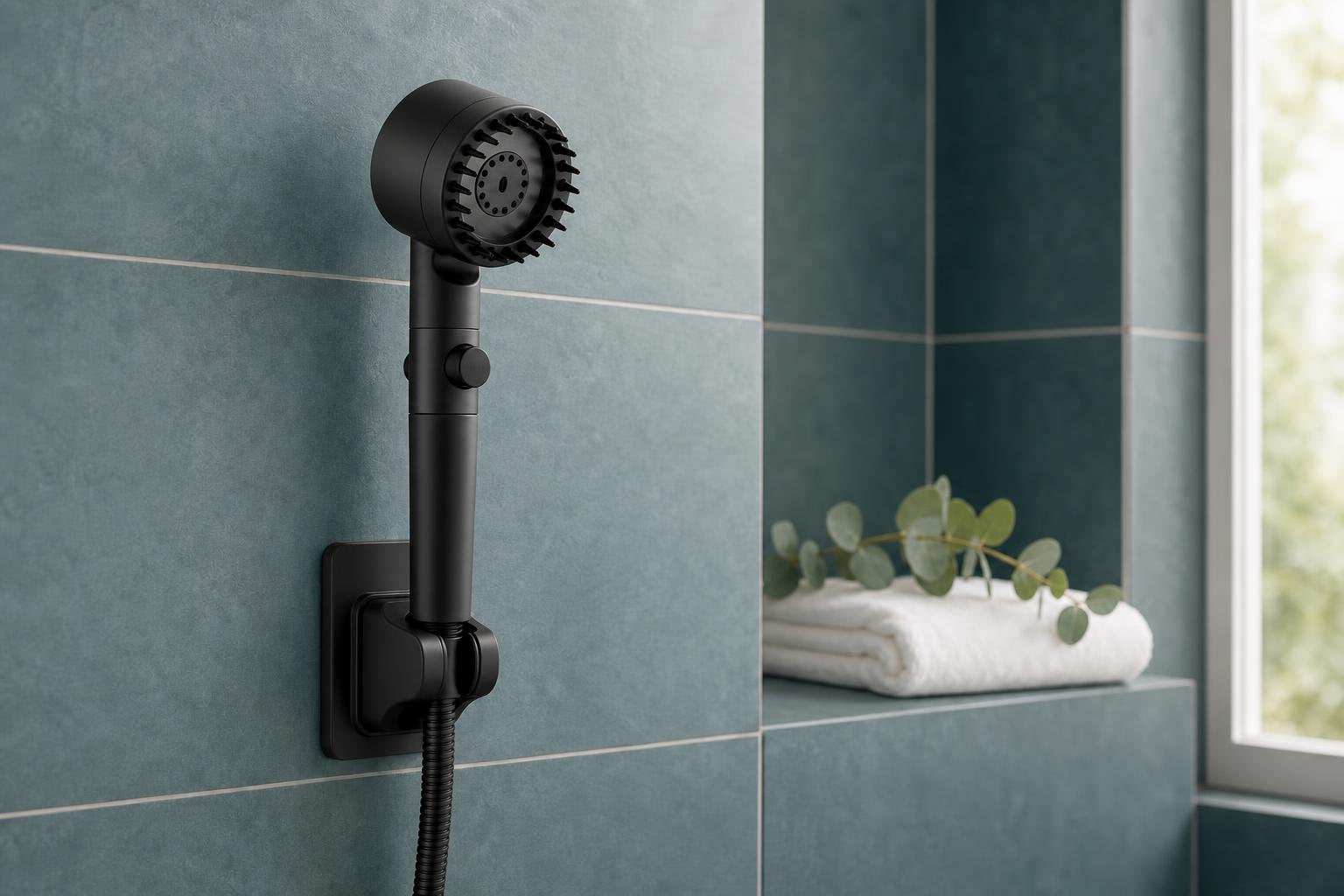 Parmun shower head in a calm, modern bathroom