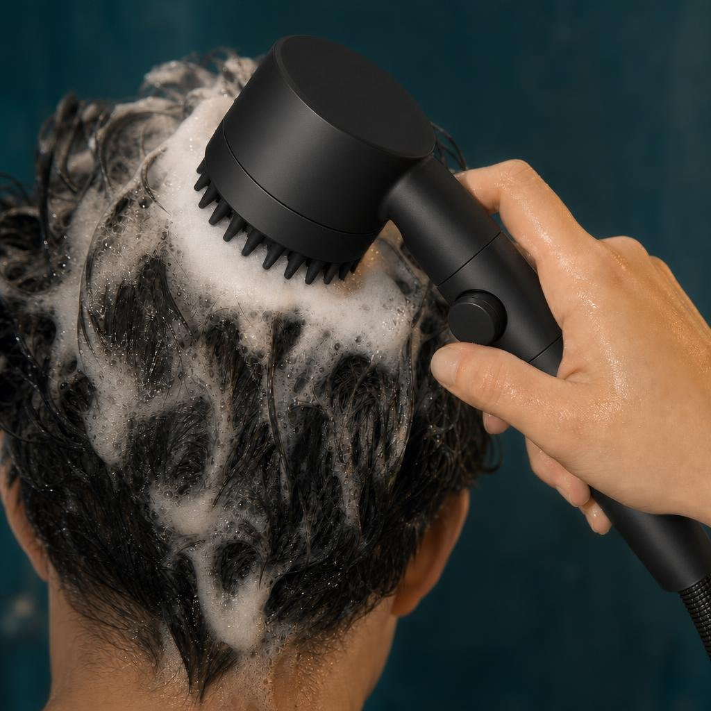 Parmun scalp-massage shower head in use